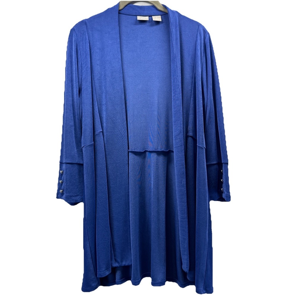 Chicos Travelers Women's Cardigan Size Small Solid Royal Blue Stretch 3/4 Sleeve